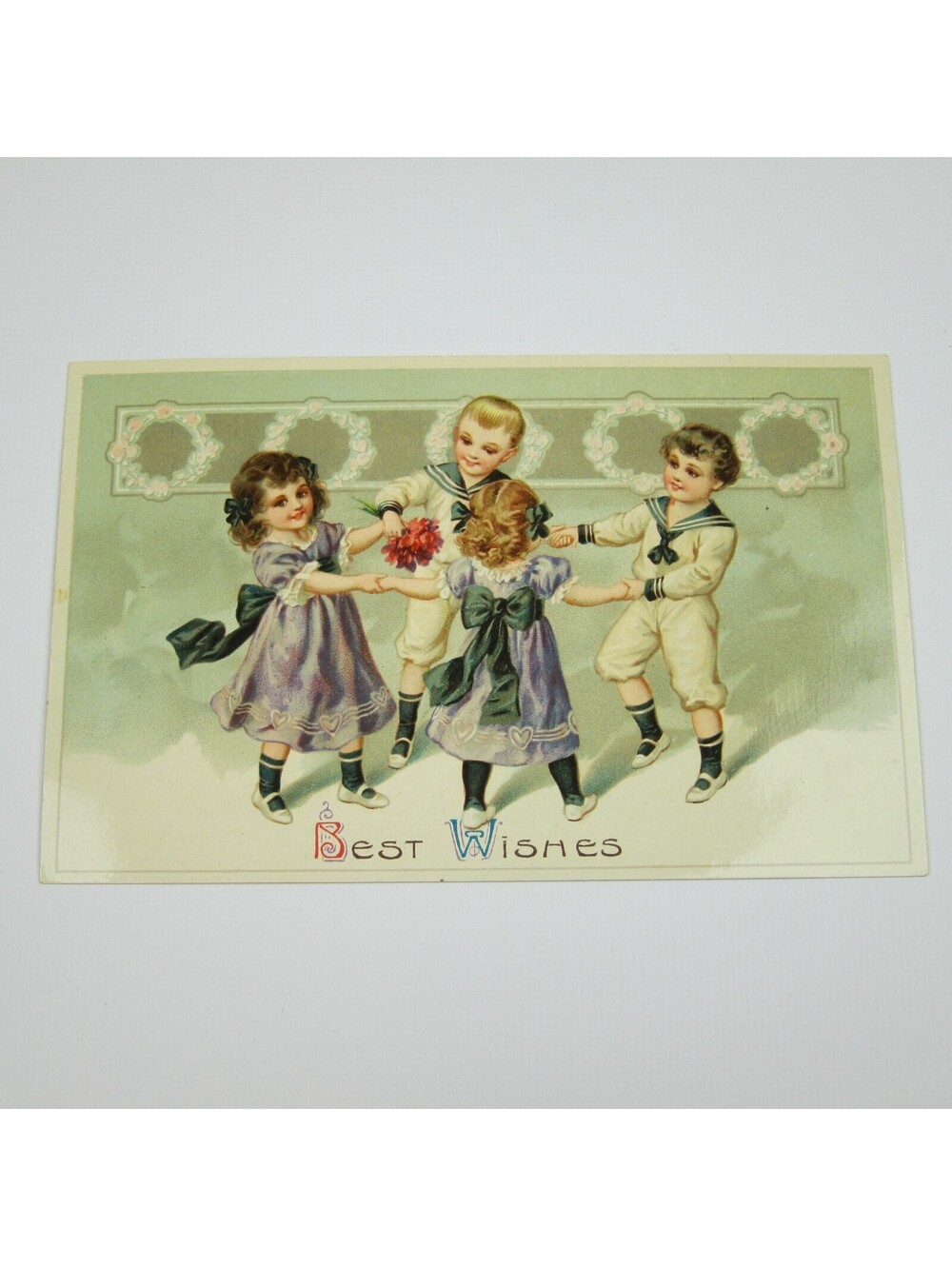 Postcard Best Wishes Children Dancing Boys Sailor Suit Girls Purple Dress Flower
